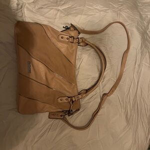 Jessica Simpson Rose Gold Leather and Suede Hobo Bag with Buckle Details